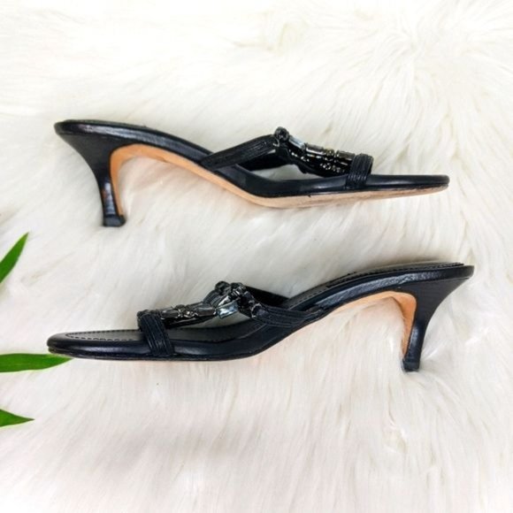 Pelle Moda Black Leather Beaded Kitten Heel Slides 7 y2k Club Special Occasion - Picture 4 of 8